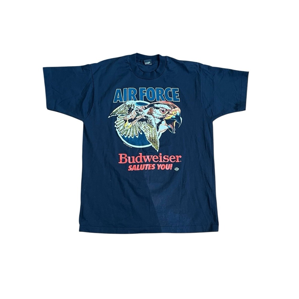 Vintage 1987 Budweiser Salutes You Air Force 3D Emblem T-Shirt USA Mens‎ XL